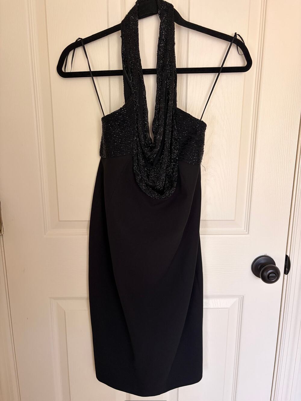 Carmen Marc Valvo Black Beaded Halter Dress Size 2 Silk